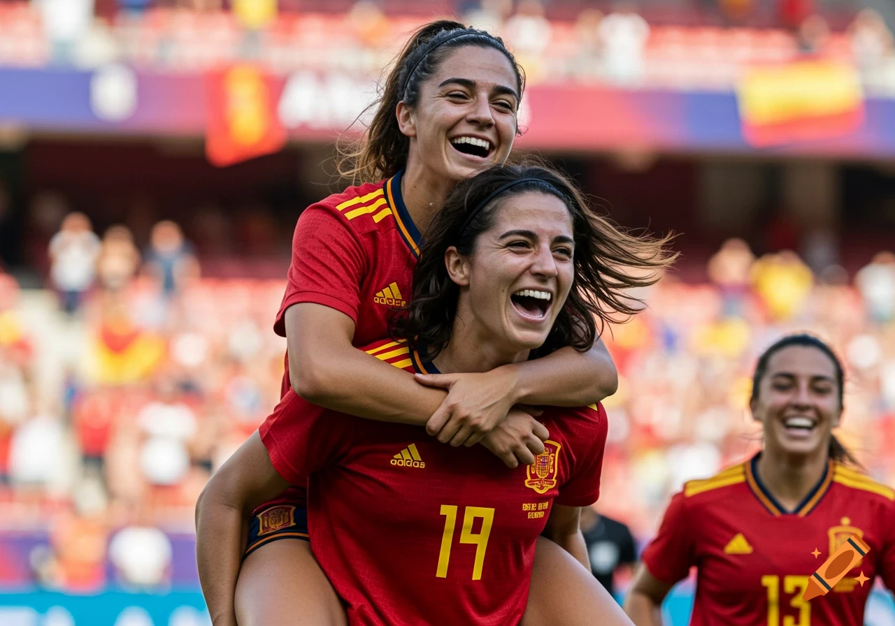 Two smiling women soccer players celebrate on a field, one carrying the other piggyback, with a stadium in the background.