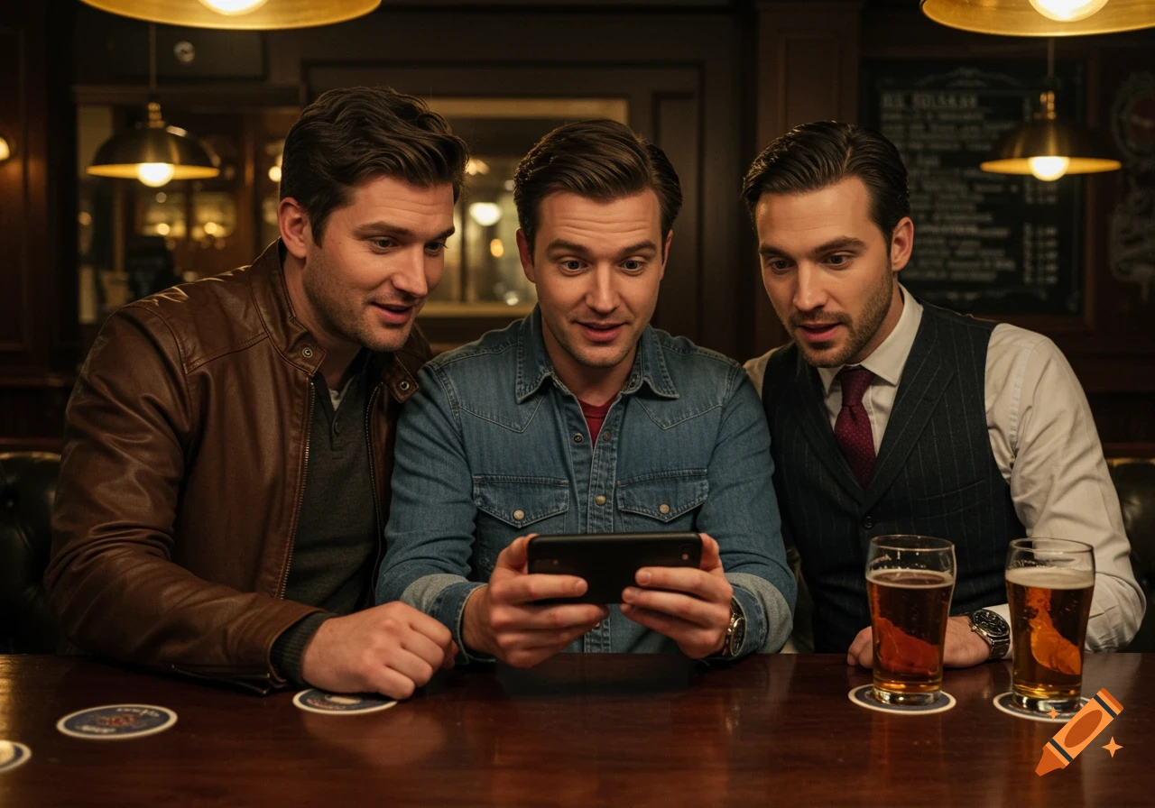 Three photorealistic men gather closely around a phone at a bar, intensely focused on its screen with two beers on the table.