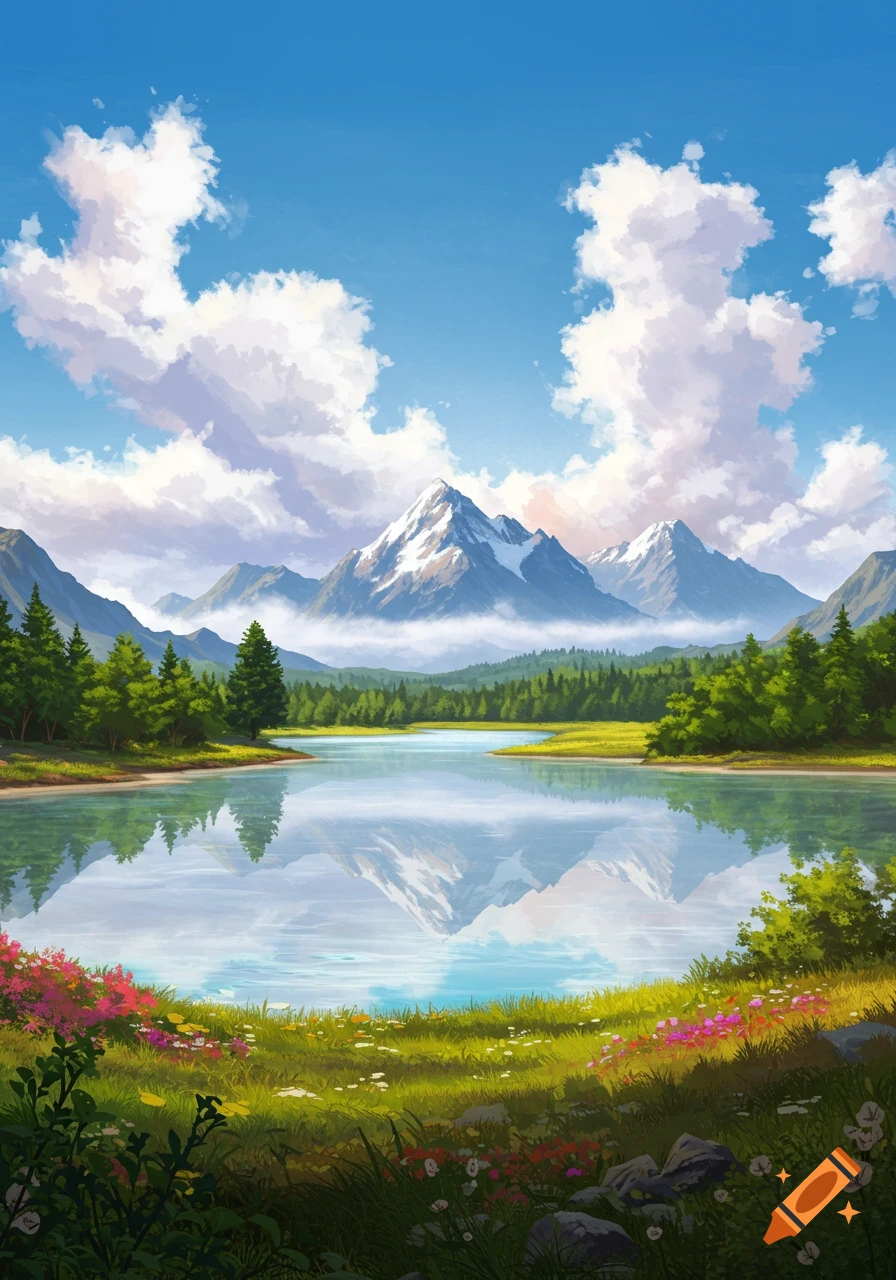 A vibrant anime-style landscape with snow-capped mountains reflecting in a clear lake, surrounded by green forests and a wildflower-dotted meadow under a blue sky with fluffy clouds.