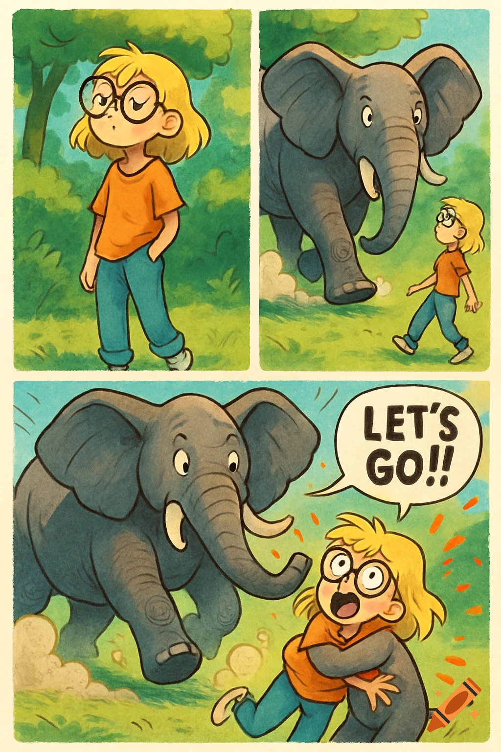 A three-panel comic shows a blonde girl in a forest. First, she stands dreamily. Second, an elephant runs towards her. Third, the elephant tackles her, exclaiming "LET'S GO!!"