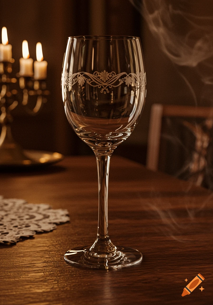 An empty, intricately etched wine glass on a wooden table, with blurred lit candles and subtle smoke in a warm, vintage setting.