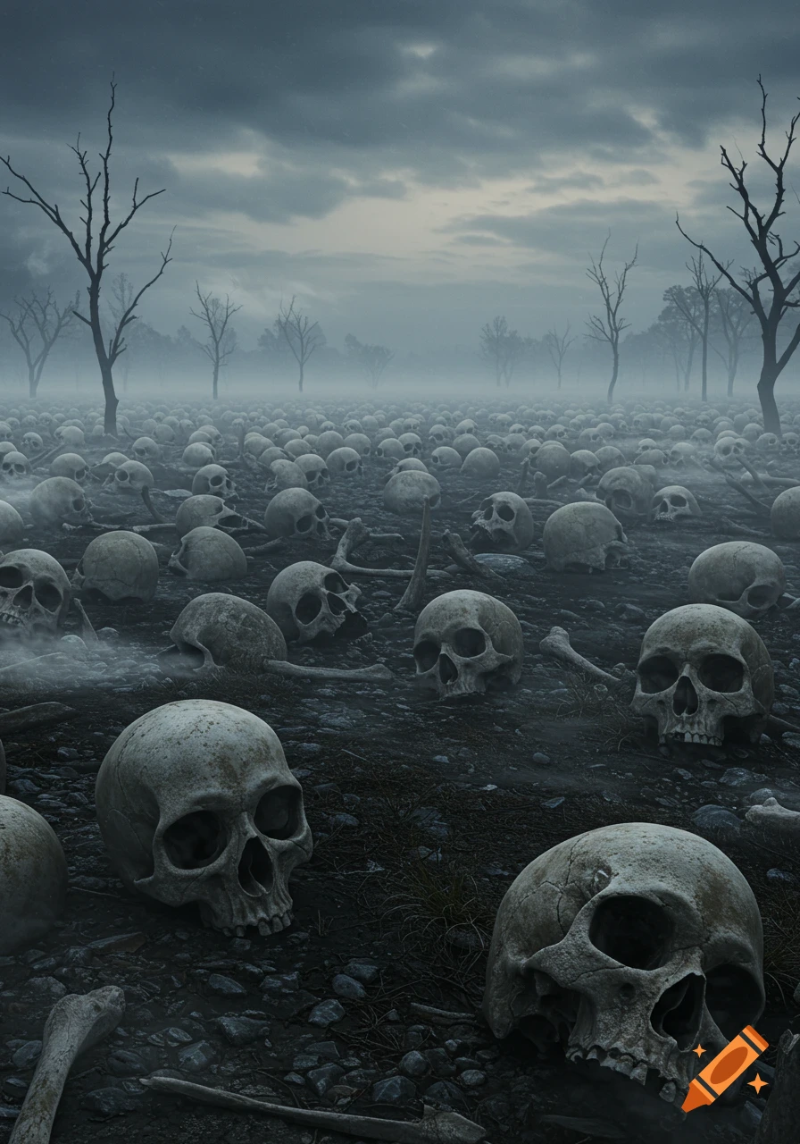 A photorealistic, gloomy landscape covered with numerous human skulls and bones, under a dark, misty sky with bare trees.