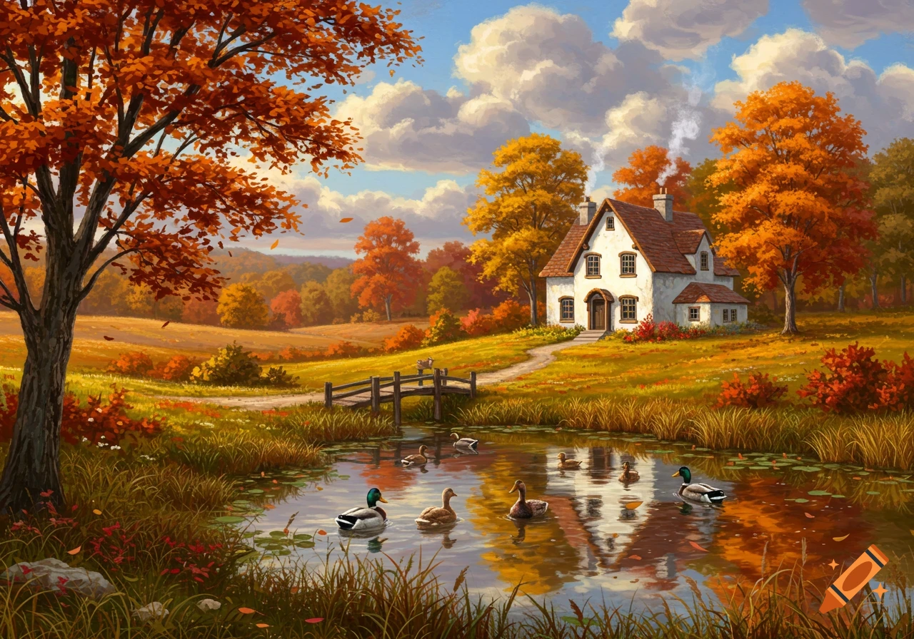 A colorful autumn landscape painting with a white country house by a pond where ducks are swimming, surrounded by vibrant red and orange trees.