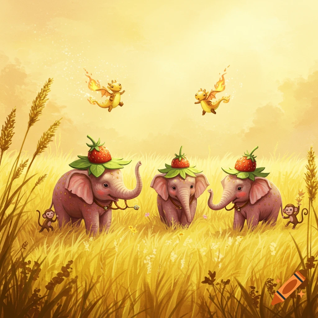Cartoon illustration of three pink baby elephants with strawberry hats and two monkeys in tall golden grass, with two flying fire dragons above.