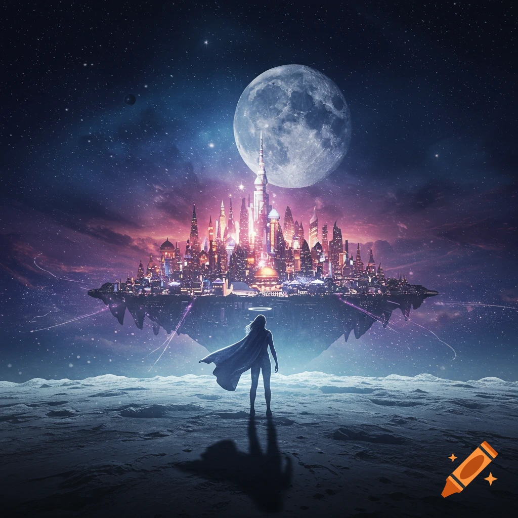 A heroine's silhouette stands on a moon-like surface, gazing at a vibrant, futuristic floating city under a giant moon and starry sky.