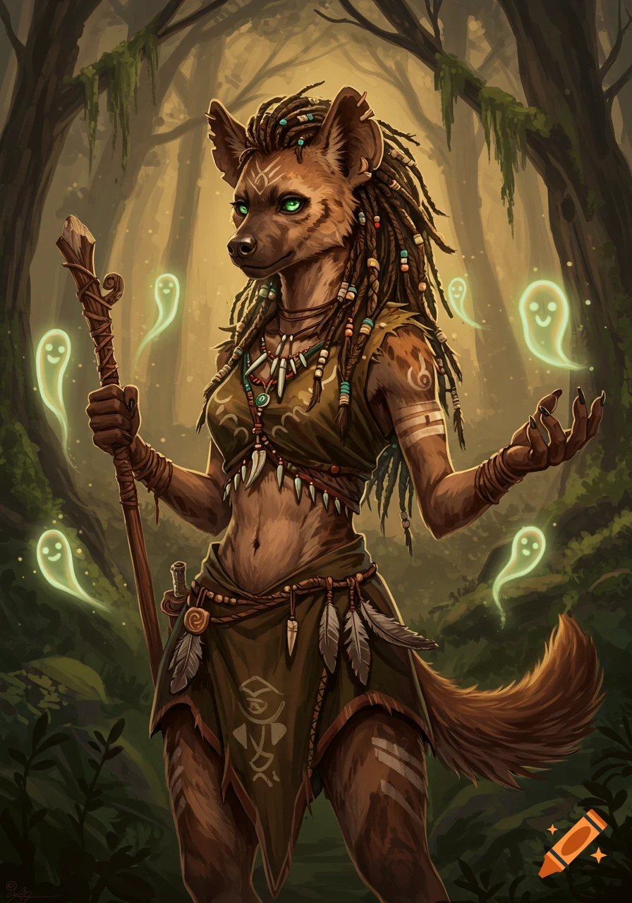 A tribal anthropomorphic hyena druid woman with dreadlocks stands in a forest, holding a staff and glowing wisps.