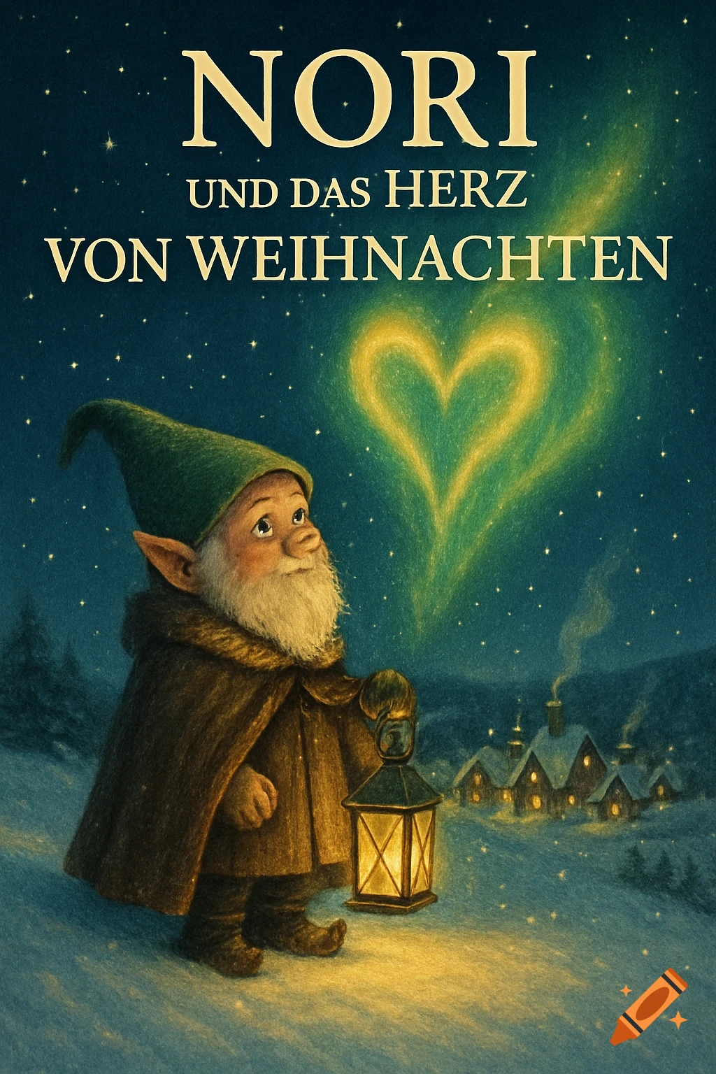 A gnome in a green hat and brown cloak holds a glowing lantern in a snowy Christmas scene with an elf town and a heart-shaped aurora in the sky. The title "Nori und das Herz von Weihnachten" is at the top.