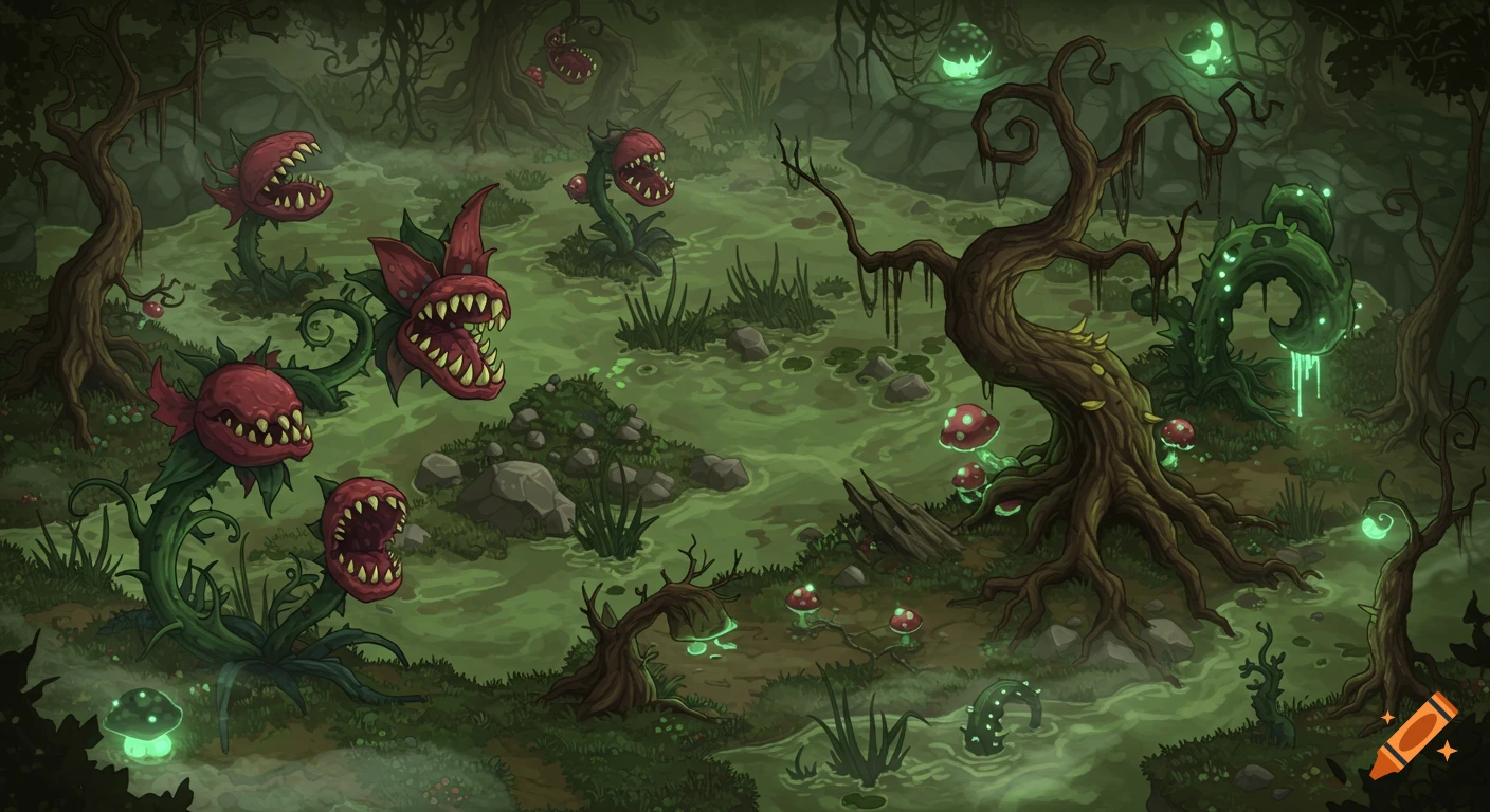 An isometric map illustration of a gloomy, green, rotten swamp filled with carnivorous plants, eerie glowing mushrooms, and gnarled trees.
