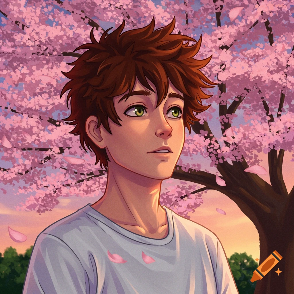 Anime boy with brown hair and green eyes looks up against a background of pink cherry blossoms at sunset.