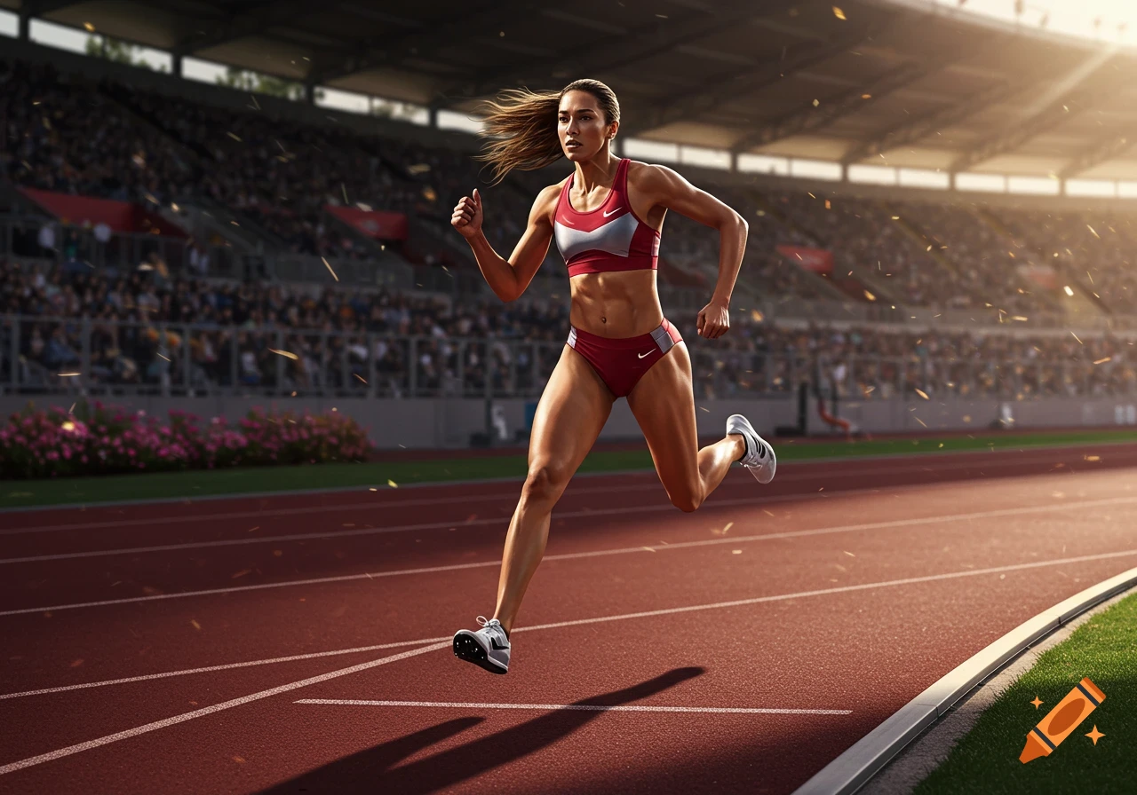 A female track and field athlete in red sportswear sprints on a stadium track under bright sunlight, with spectators in the background.