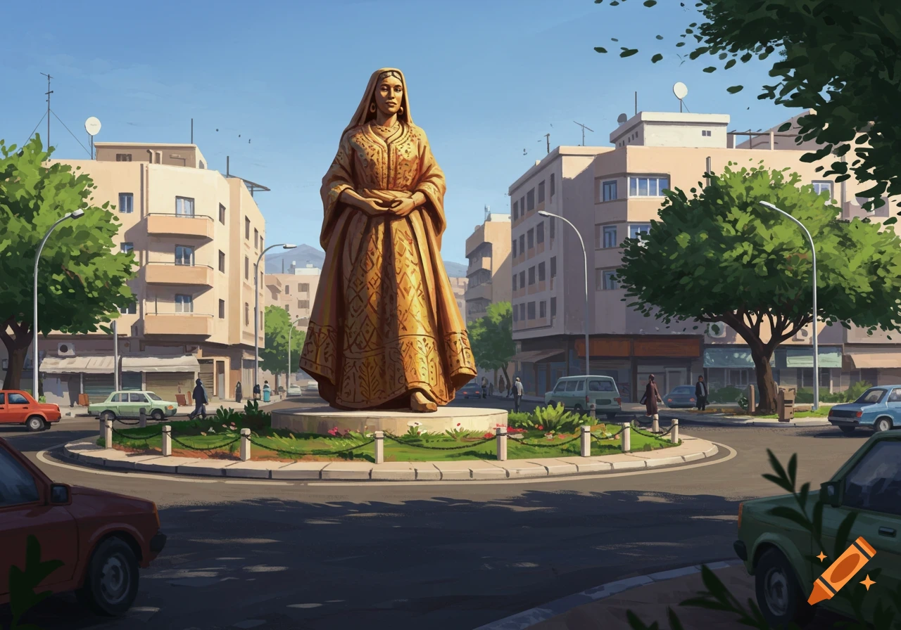 An illustration of a golden statue of a woman in a traditional Kabyle dress at the center of a city roundabout with buildings and trees.