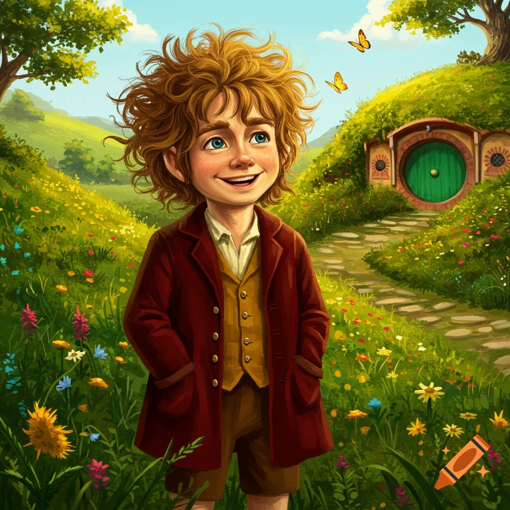 A smiling, curly-haired hobbit in a red coat stands in a vibrant meadow with a hobbit hole in the background, illustrated.