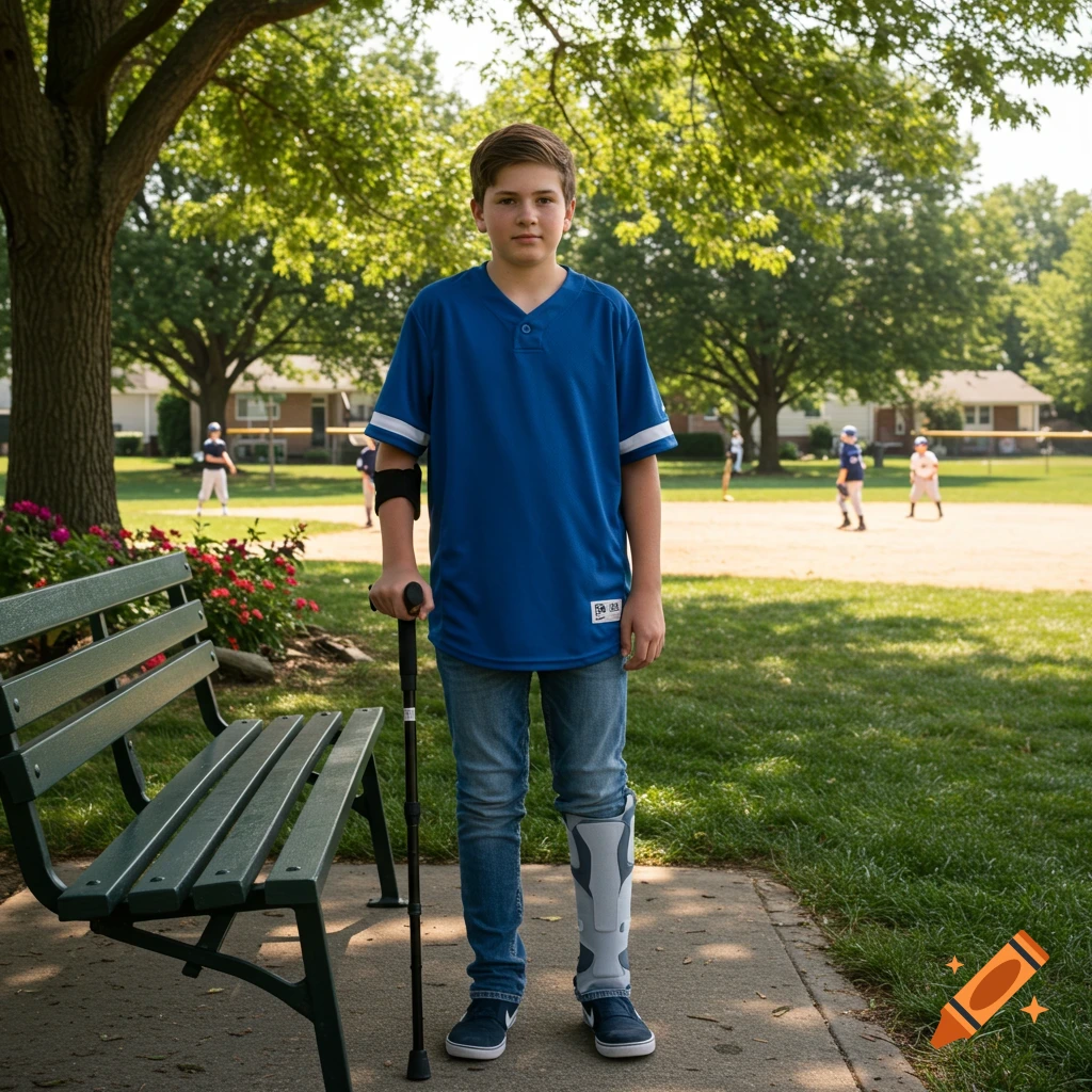 A young boy with a blue baseball jersey, walking cane, and leg brace stands on a path in a park with a baseball field behind him.