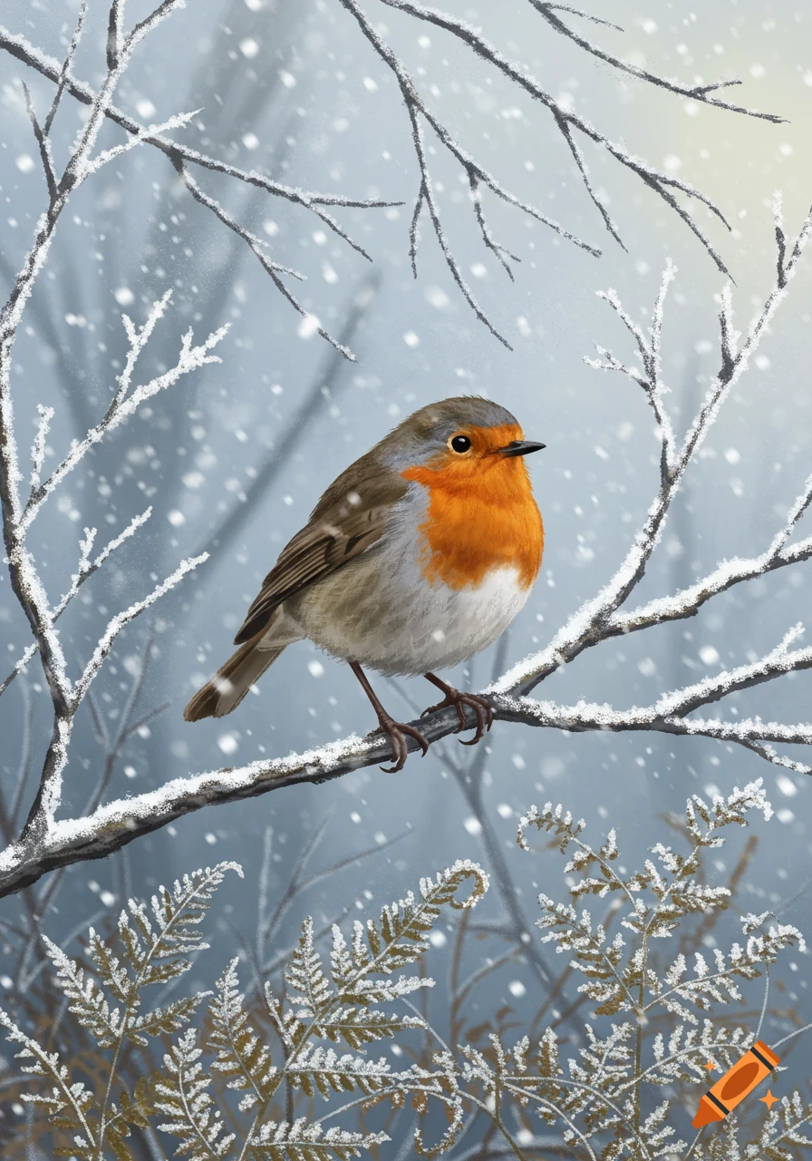 A vibrant European robin with a red breast sits on a snow-covered branch in a gently falling snow forest, digital illustration.
