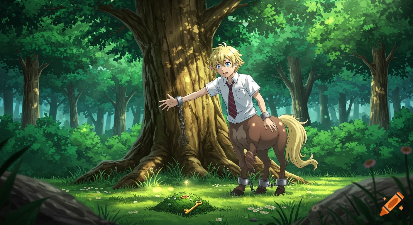 A distressed blond centaur with blue eyes, shackled to a large tree in a lush anime forest, reaches for a golden key on the ground.
