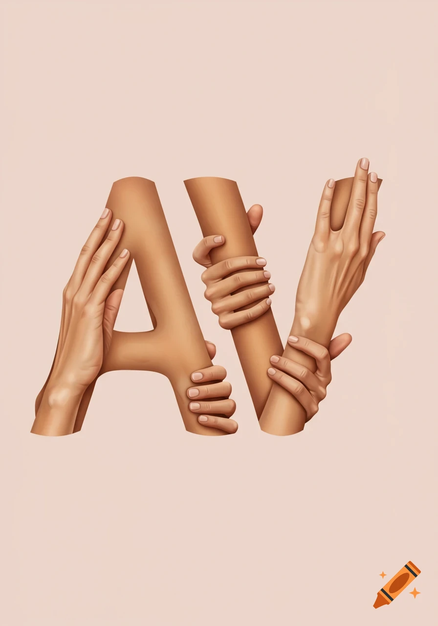 The letters AV are formed by intertwined human arms and hands against a light peach background.