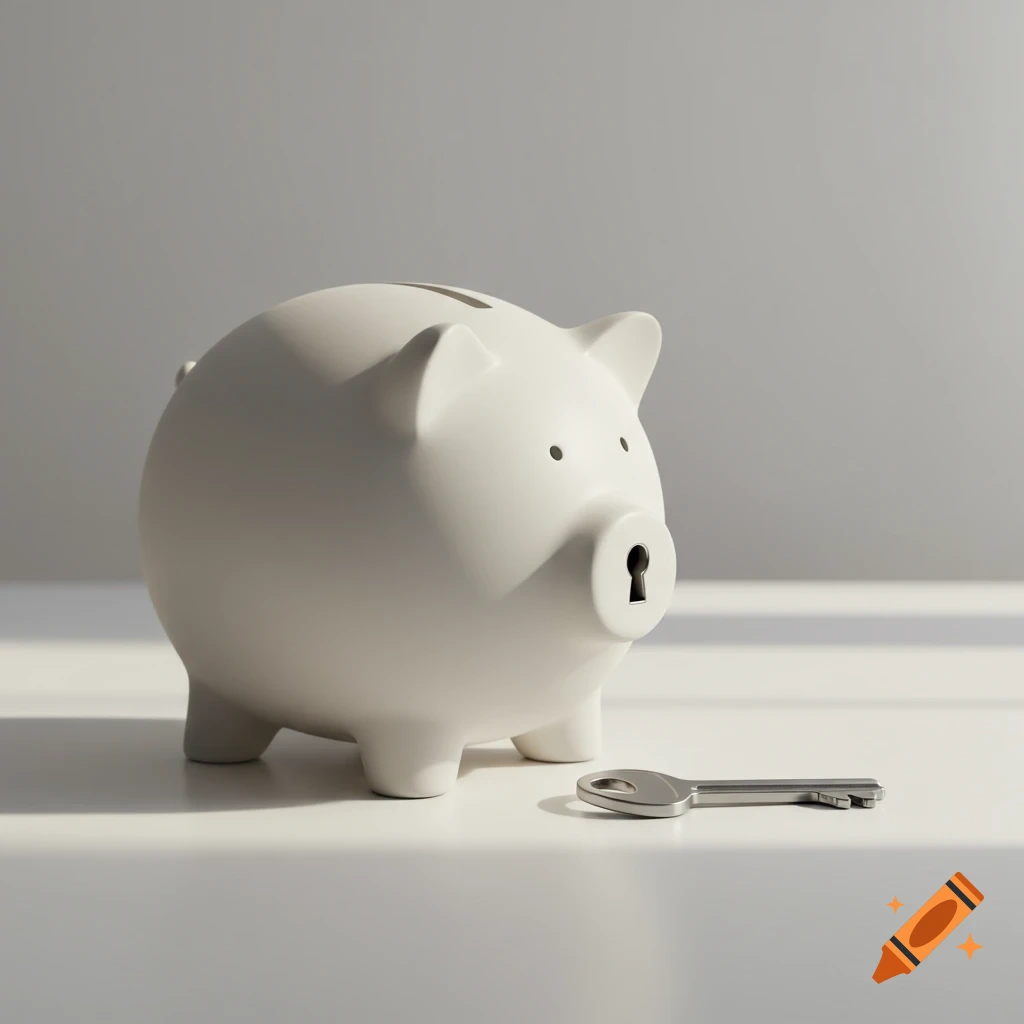 A photorealistic white ceramic piggy bank with a keyhole instead of a coin slot, sitting on a light surface with a silver key next to it.