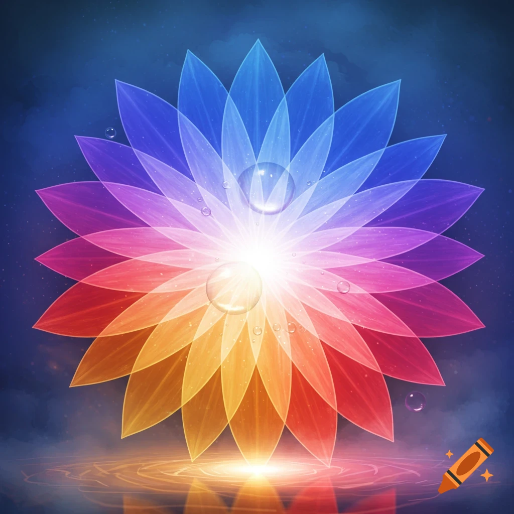 A vibrant, translucent, multi-colored flower-like abstract design with water droplets and a glowing center, reflecting on a rippling surface.