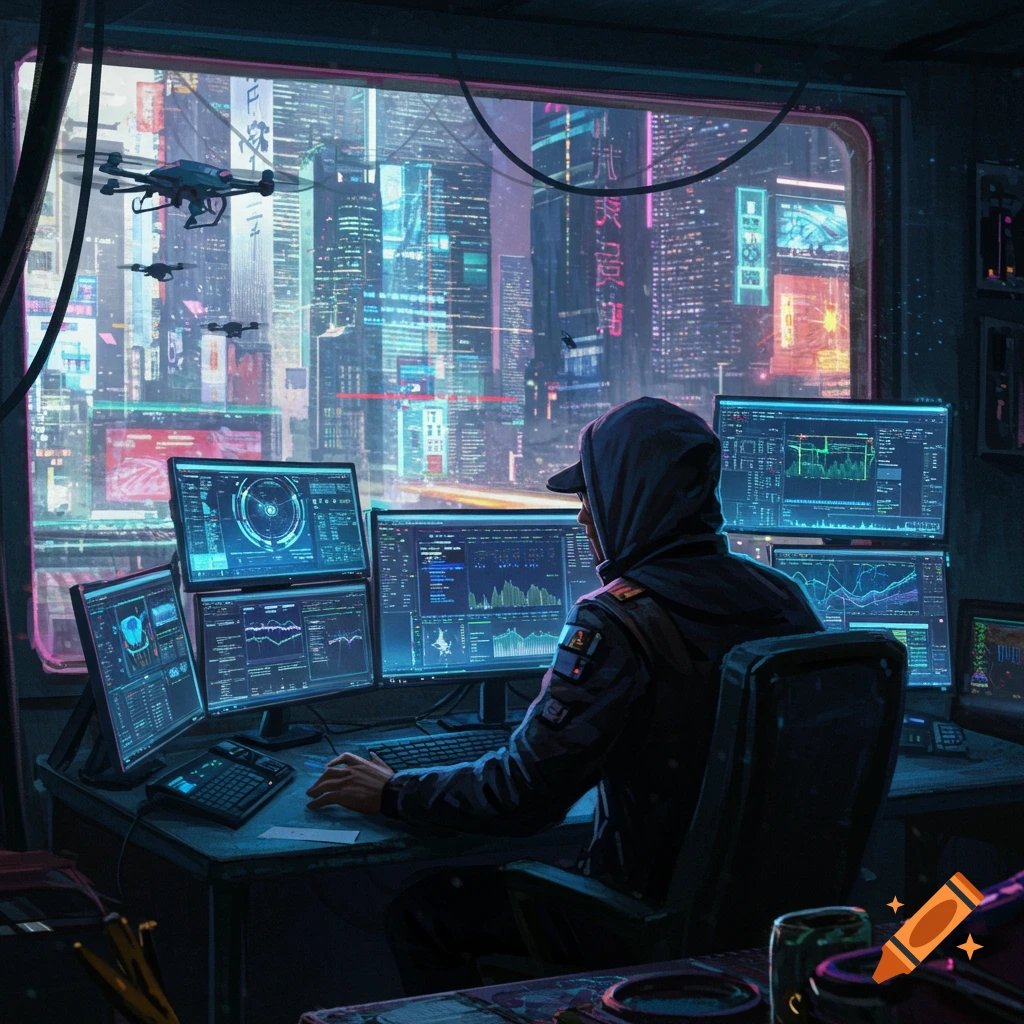 A hooded figure works at multiple computer screens displaying data, with a vibrant cyberpunk city visible through a large window.