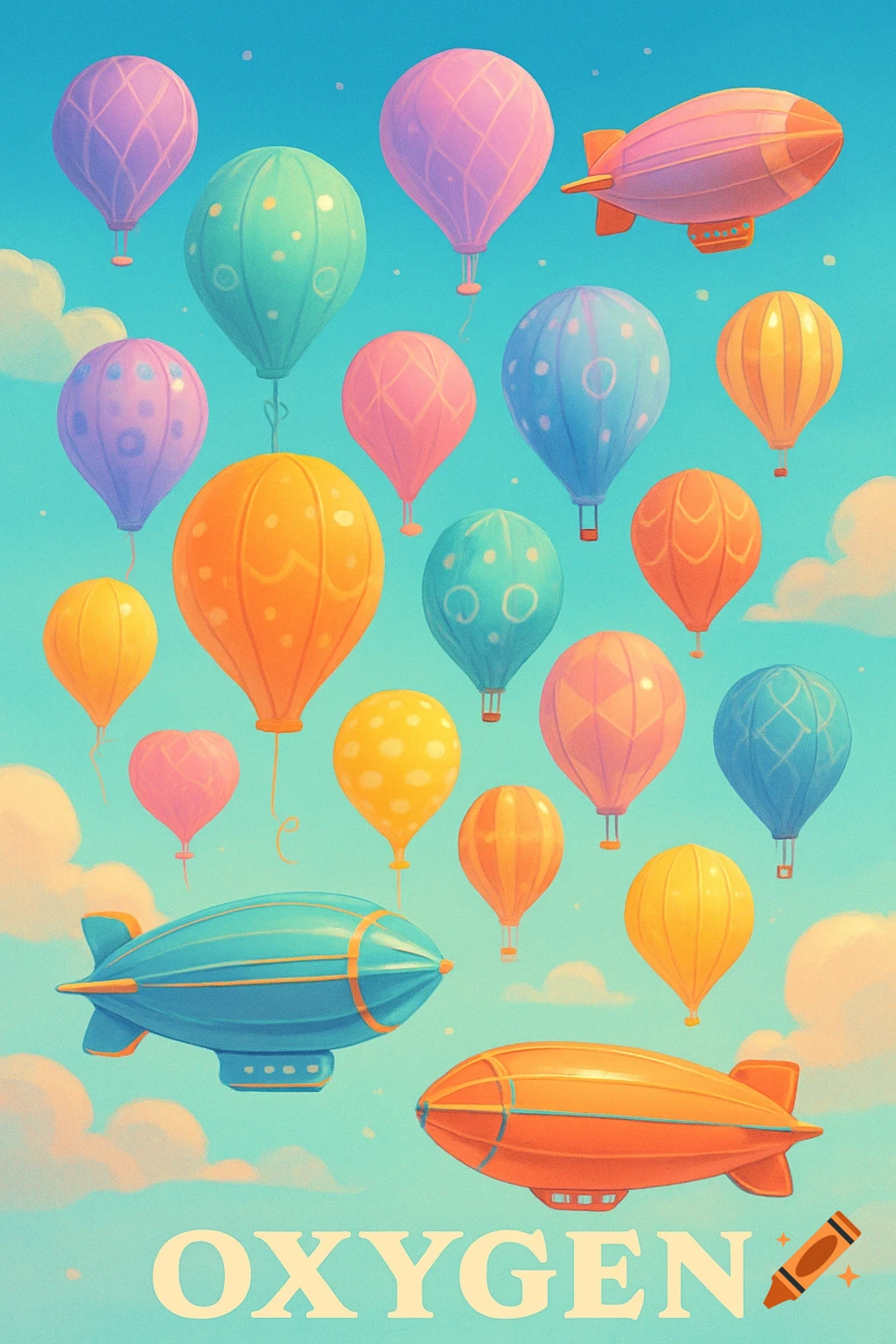 Colorful hot air balloons and blimps float in a light blue sky with clouds, with the word OXYGEN below, in a whimsical illustration style.