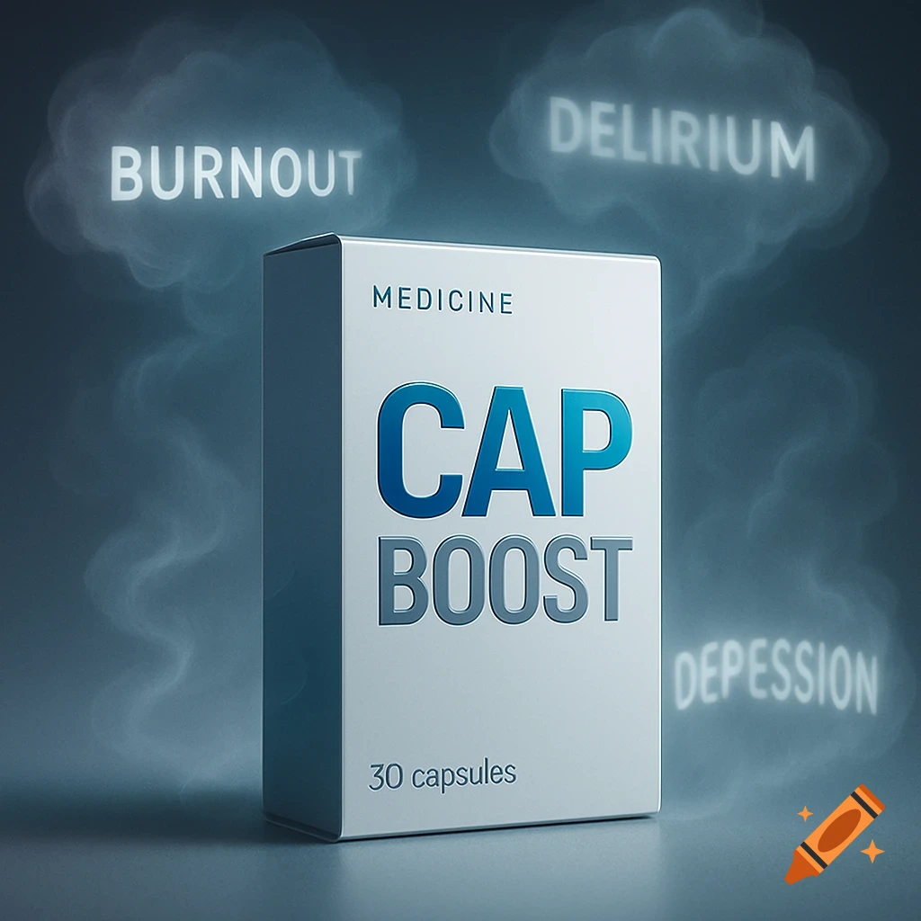 A medicine box for 'CAP BOOST' with '30 capsules', surrounded by smoke clouds displaying words like 'BURNOUT', 'DELIRIUM', and 'DEPESSION'.