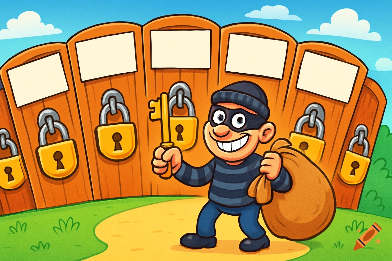 A smiling cartoon thief with a key and a sack of loot stands before a line of doors with padlocks and blank signs.