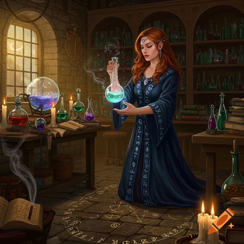 A red-haired female alchemist in a dark robe holding a glowing flask in a dimly lit, stone-walled workshop with potions and books.