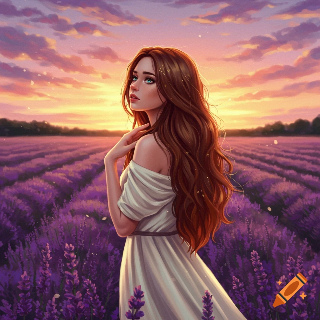 A young woman with long brown hair stands in a lavender field at sunset, looking up at the sky in a fantasy art style.