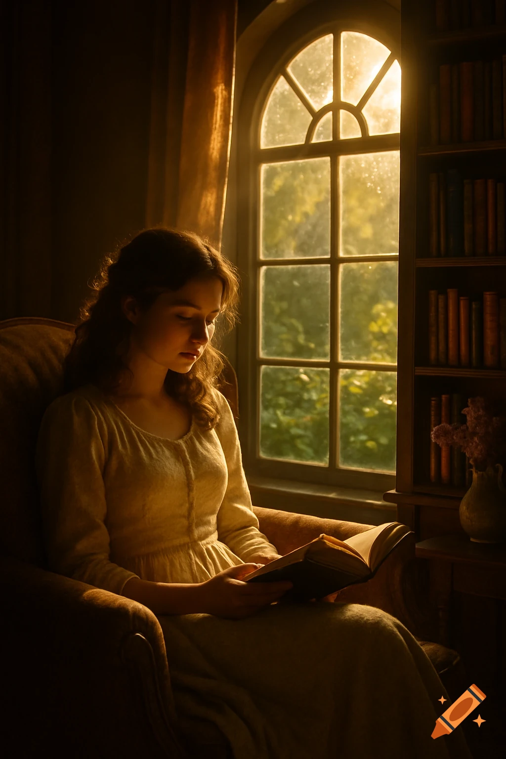 A young woman reads a book in a sunlit armchair by an arched window, with a bookshelf visible. Photorealistic.
