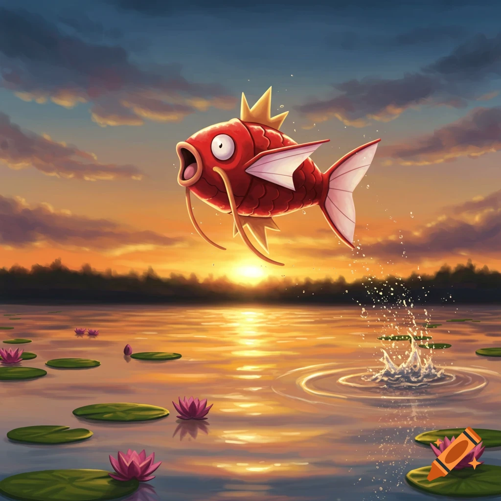 A red Magikarp Pokemon jumps out of a serene lake filled with lily pads, silhouetted against a vibrant orange and blue sunset sky.