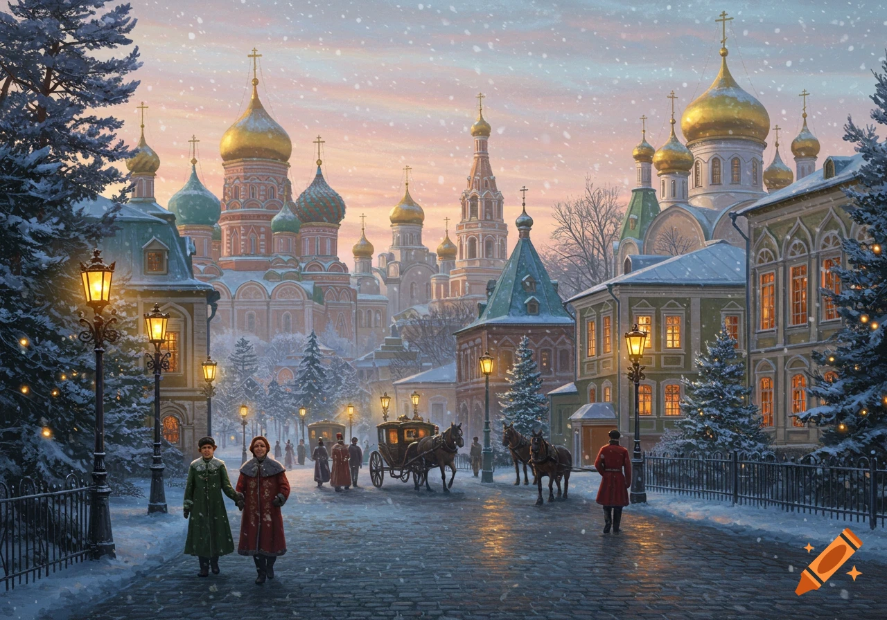 A painterly winter scene of a 19th-century Russian city street with ornate churches, horse-drawn carriages, and people.