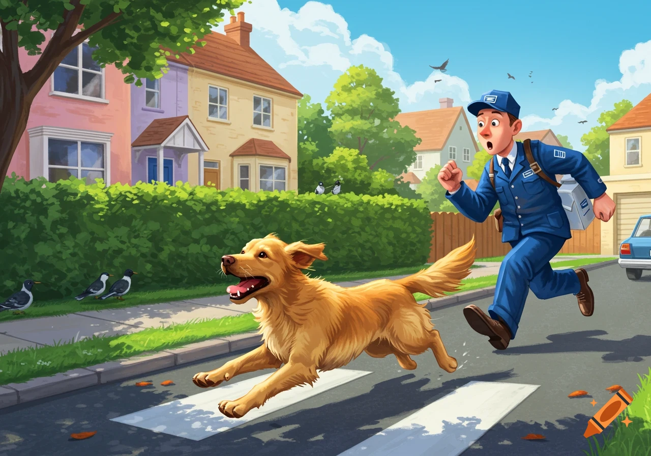 A cartoon golden retriever dog gleefully chases a surprised mailman down a suburban street on a sunny day.