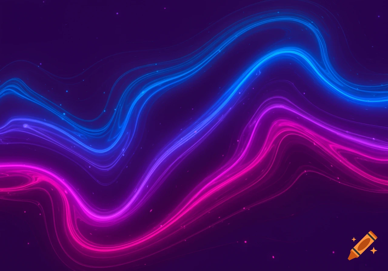 Glowing blue, purple, and pink wavy neon lines flow across a dark background with small light particles.