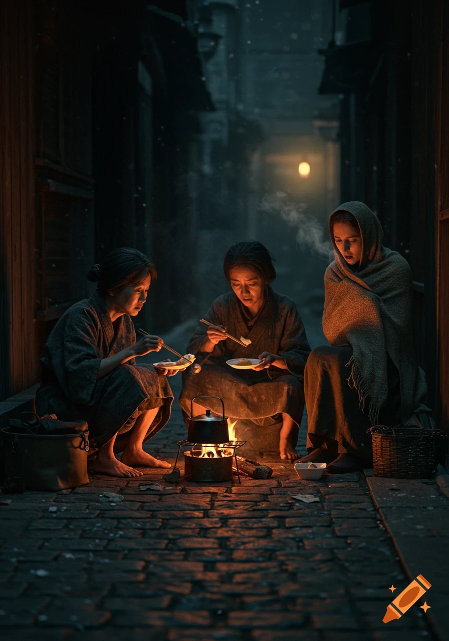 Three women huddle around a small fire in a dark, snowy alley; two eat with chopsticks while one shivers under a blanket.