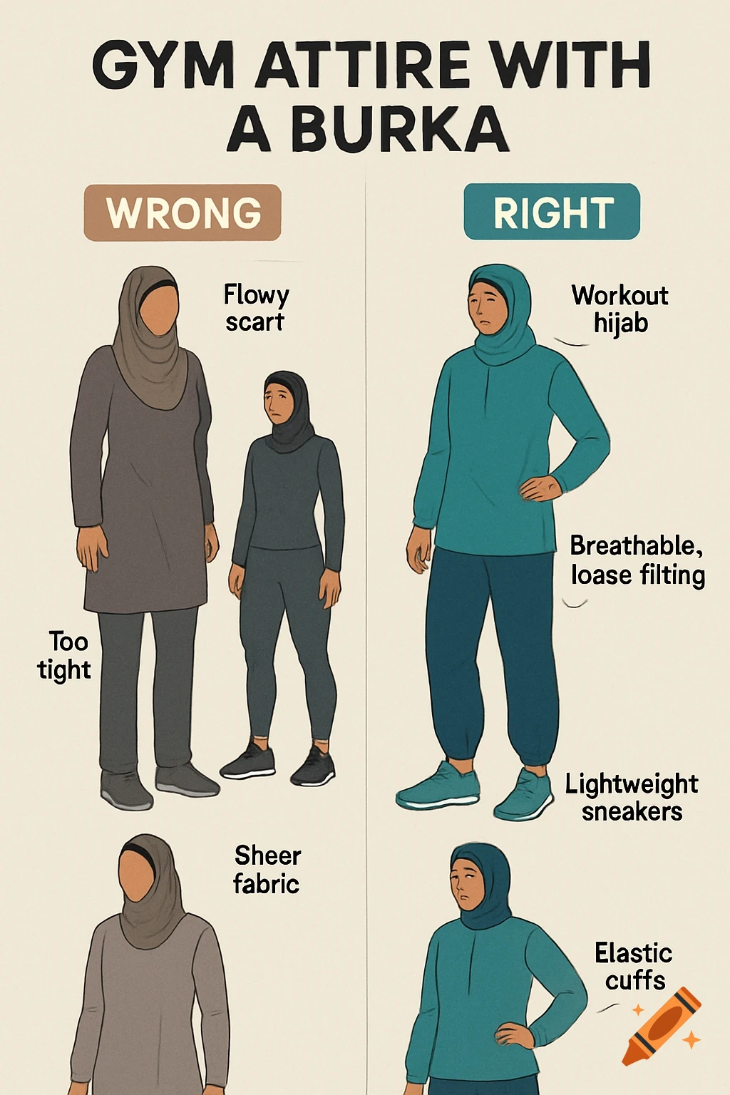 An infographic showing 'wrong' and 'right' gym attire for women wearing a burka, illustrating different styles of hijabs, tops, and pants.