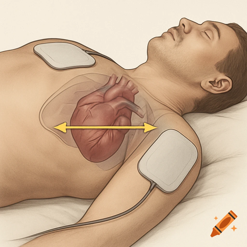 Medical illustration of a man with an exposed heart and defibrillator pads, showing the energy pathway through the chest.
