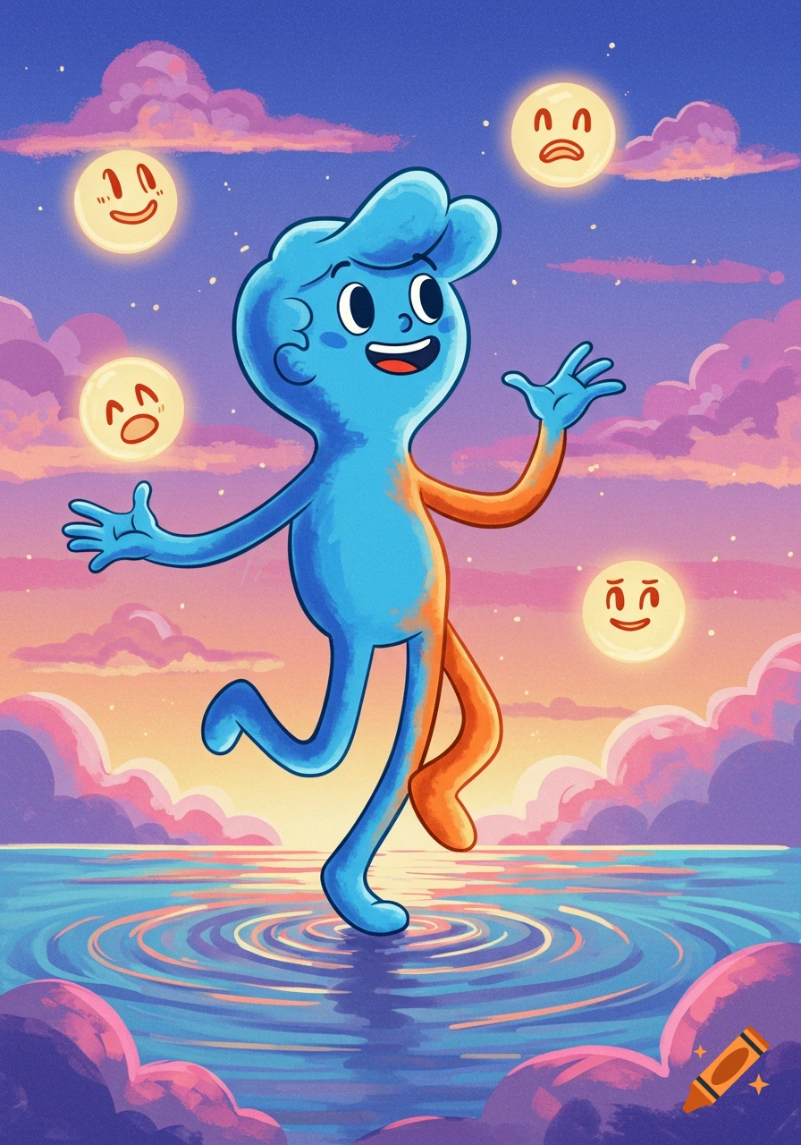 A vibrant cartoon character, split blue and orange, walks on water under a sunset sky with emotional moon-faces.