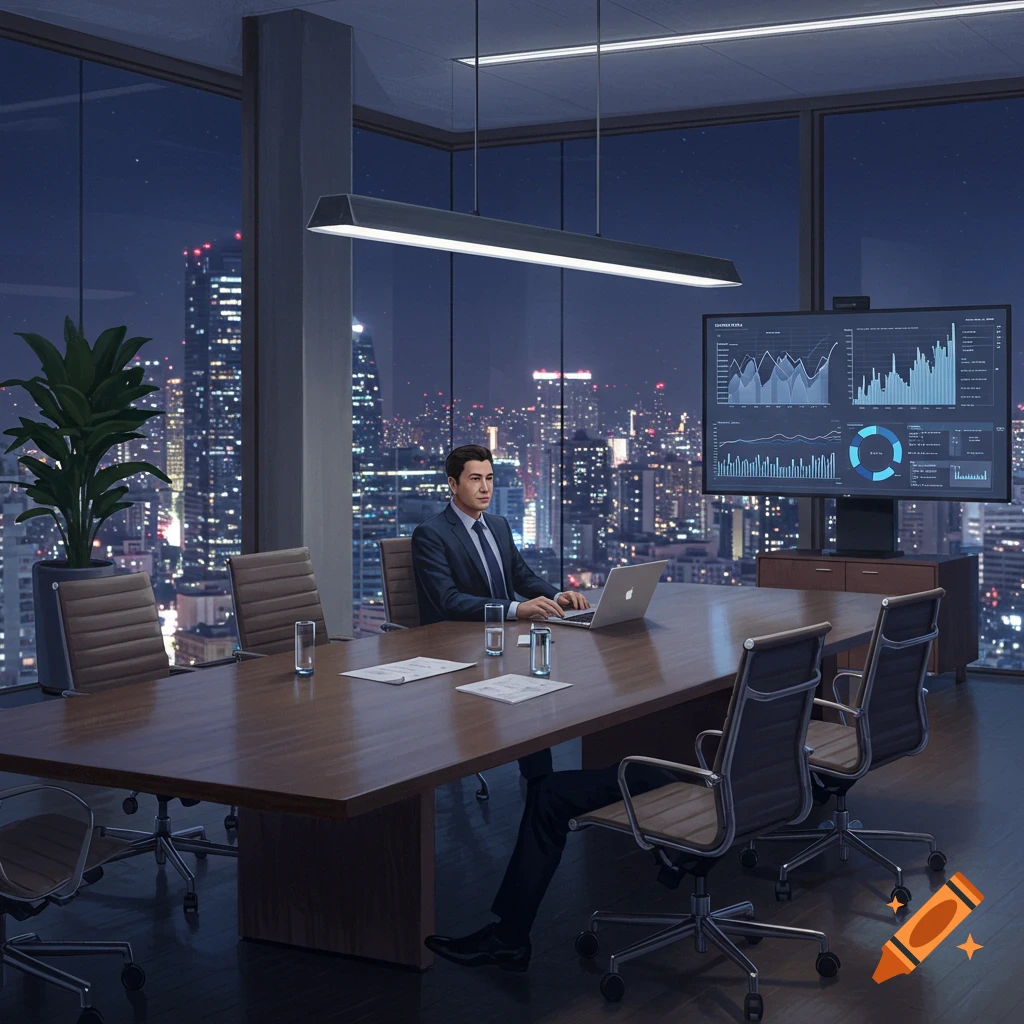 A man in a suit sits at a large conference table in a modern high-rise office at night, with a laptop and a city skyline view behind him, and a data display screen to his right.
