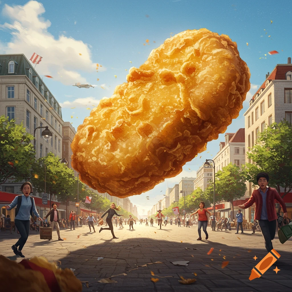 A huge, golden-fried chicken nugget floats over a city street filled with running people and buildings under a bright blue sky.