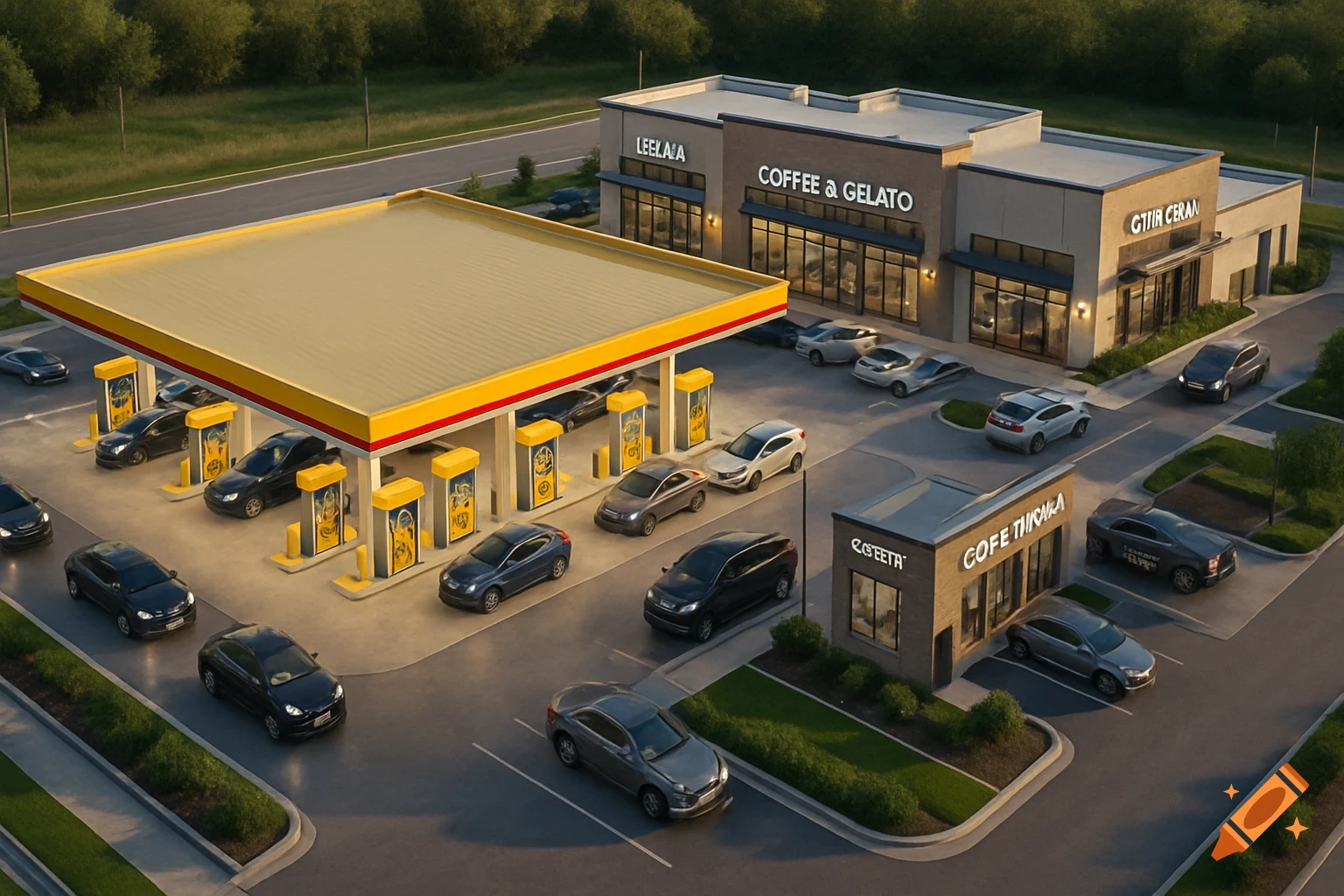 Aerial 3D render of a modern gas station and commercial building with a coffee and gelato shop, surrounded by cars and green landscaping.