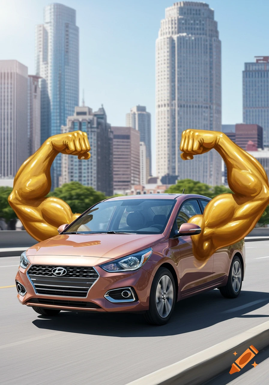 A peach-colored Hyundai Accent car drives on a city road, sporting large, flexing golden muscular arms, with a blurred city skyline.