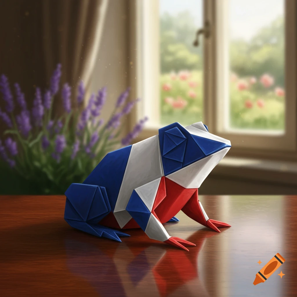 An origami frog in French flag colors sits on a wooden table, with lavender and a blurry garden view through a window.
