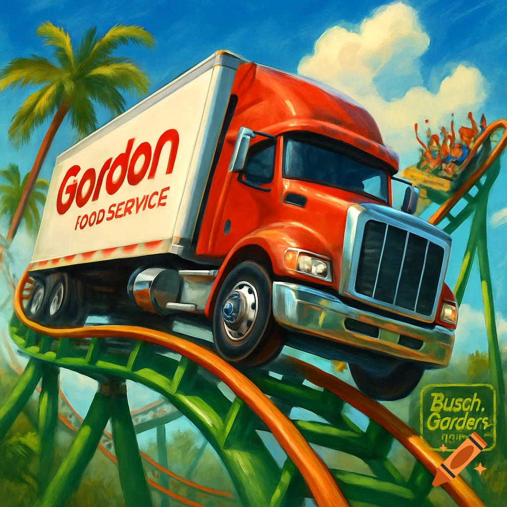 A red Gordon Food Service truck drives on a green and orange roller coaster track with palm trees and a blue sky in the background.
