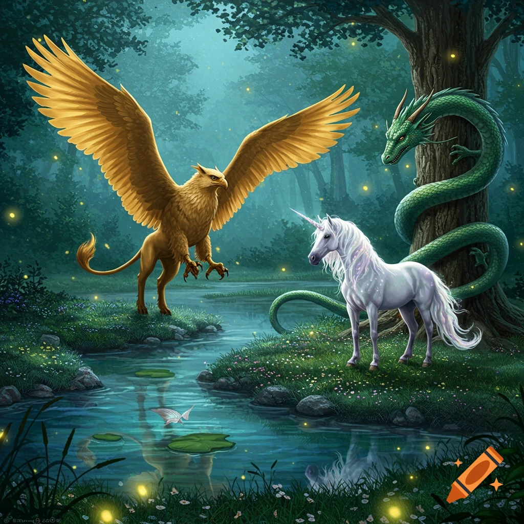 A golden griffin, white unicorn, and green dragon stand by a glowing stream in a dark, magical forest.