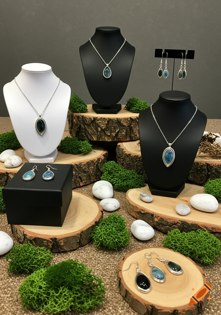 A close-up of an artisan jewelry display featuring silver necklaces and earrings with various colored stones on black and white busts, accented with wood slices, moss, and white stones.