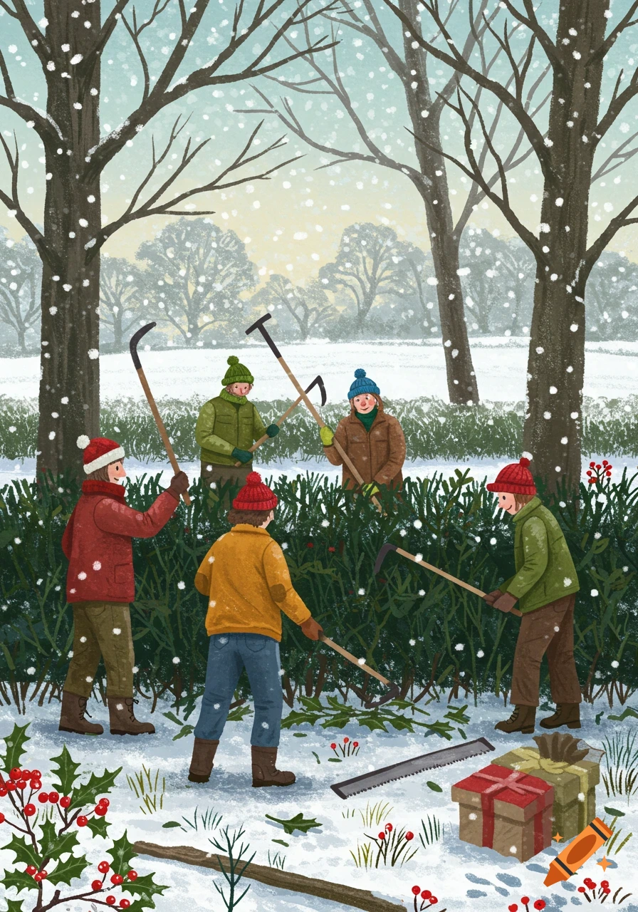 An illustration of five volunteers hedgelaying with billhooks and a saw in a snowy winter woodland, with holly and Christmas presents.