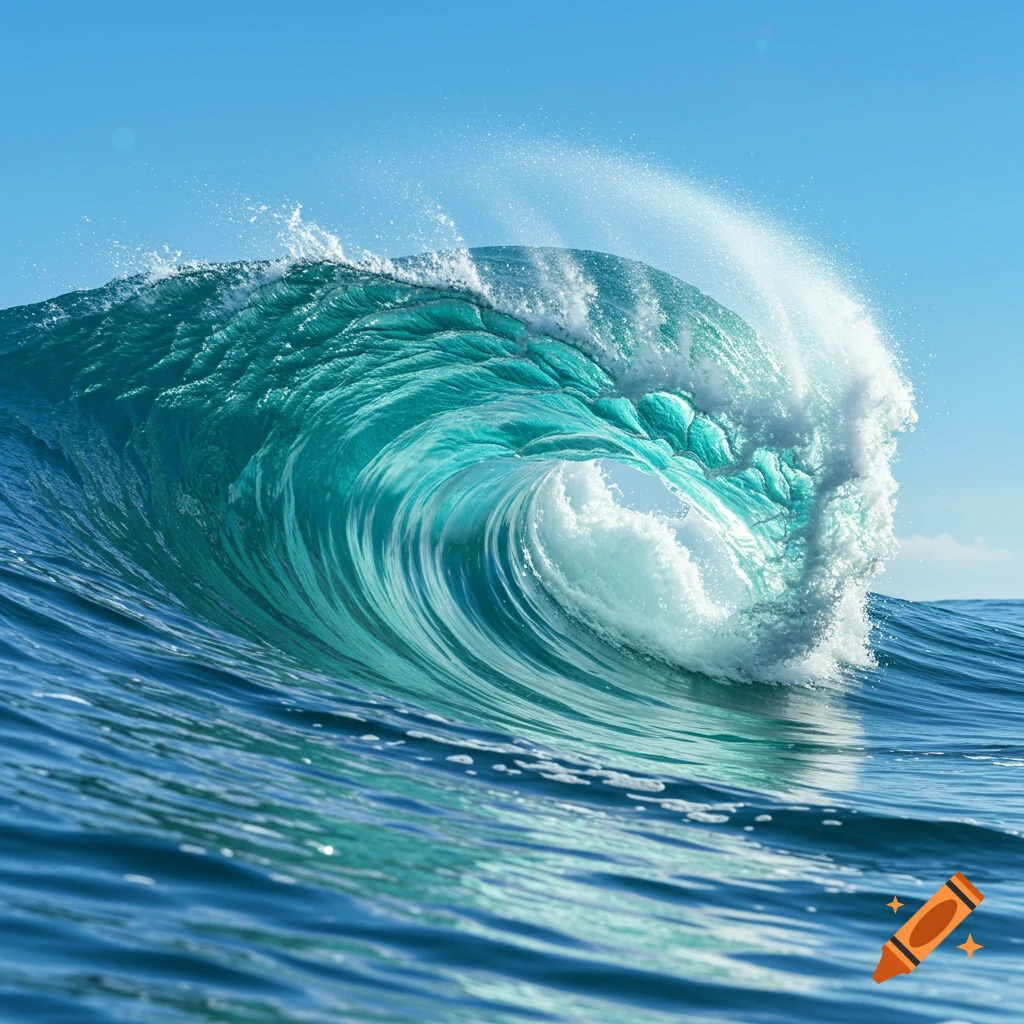 A large, powerful turquoise blue ocean wave crests and curls, breaking with white foam against a clear blue sky.