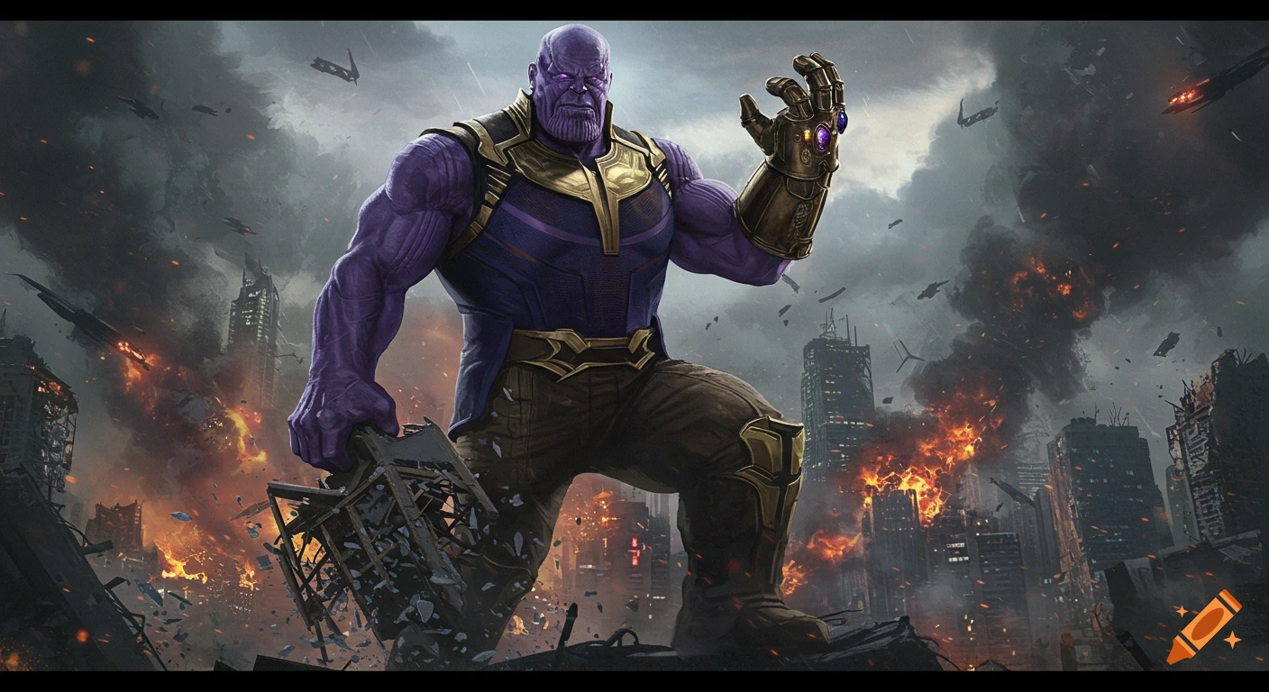 Thanos, a muscular purple alien, stands in a burning, destroyed city, holding a piece of a ruined building, wearing gold armor and the Infinity Gauntlet.
