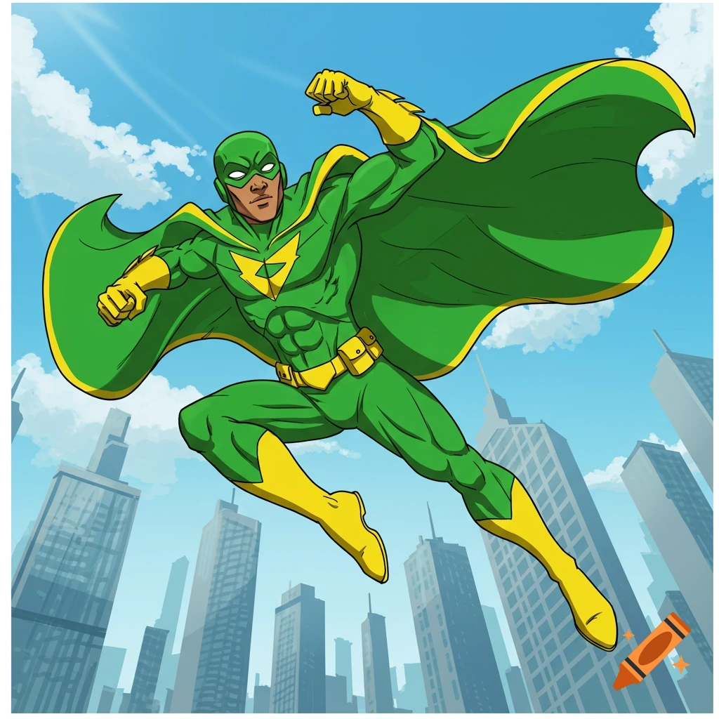 A cartoon superhero in a green and yellow costume with a cape and mask, flying over a city against a blue sky.