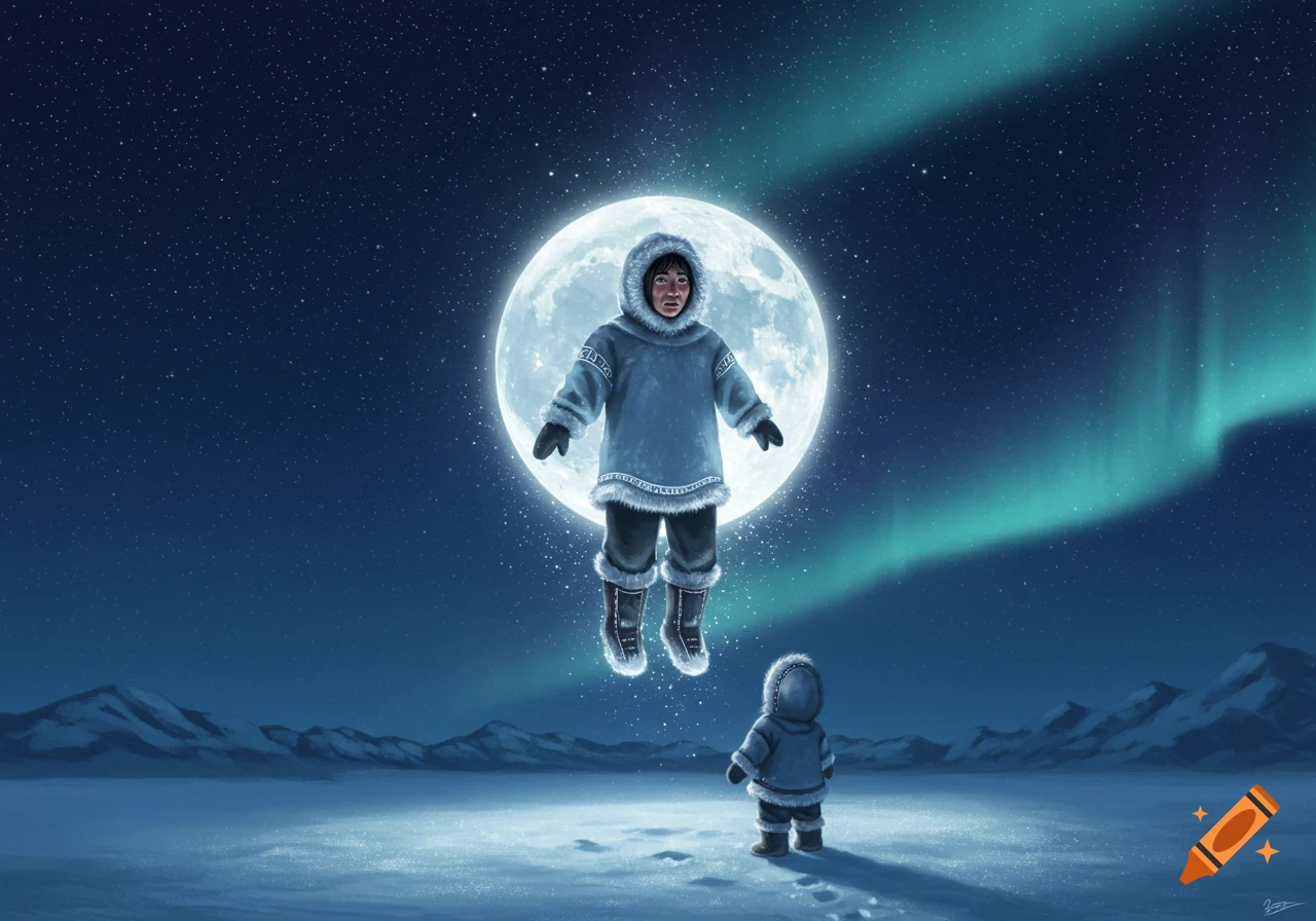 An illustrated scene of a large Inuit figure floating before a bright full moon, with a small Inuit child looking up from the snowy ground under the aurora borealis.